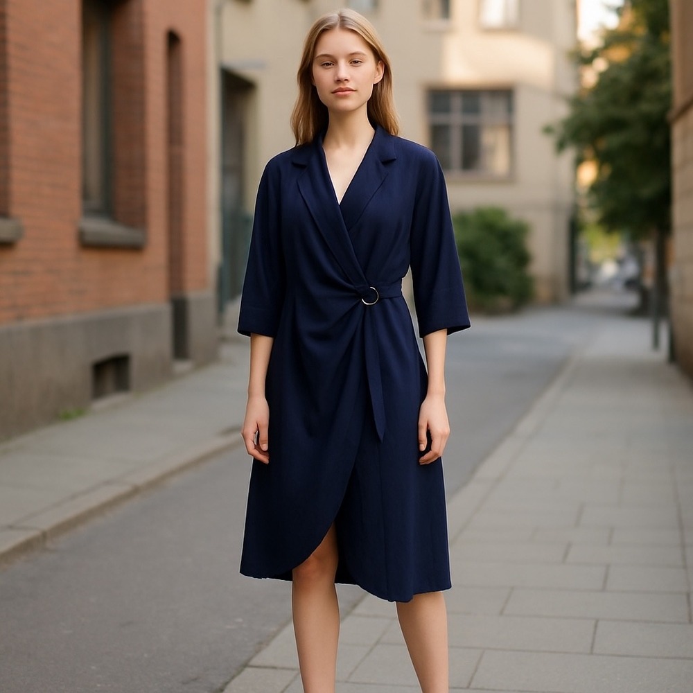Agnes Orinda‎ Wrap Dress Tie Front 3/4 Sleeve Career Casual BRT Blue 2X